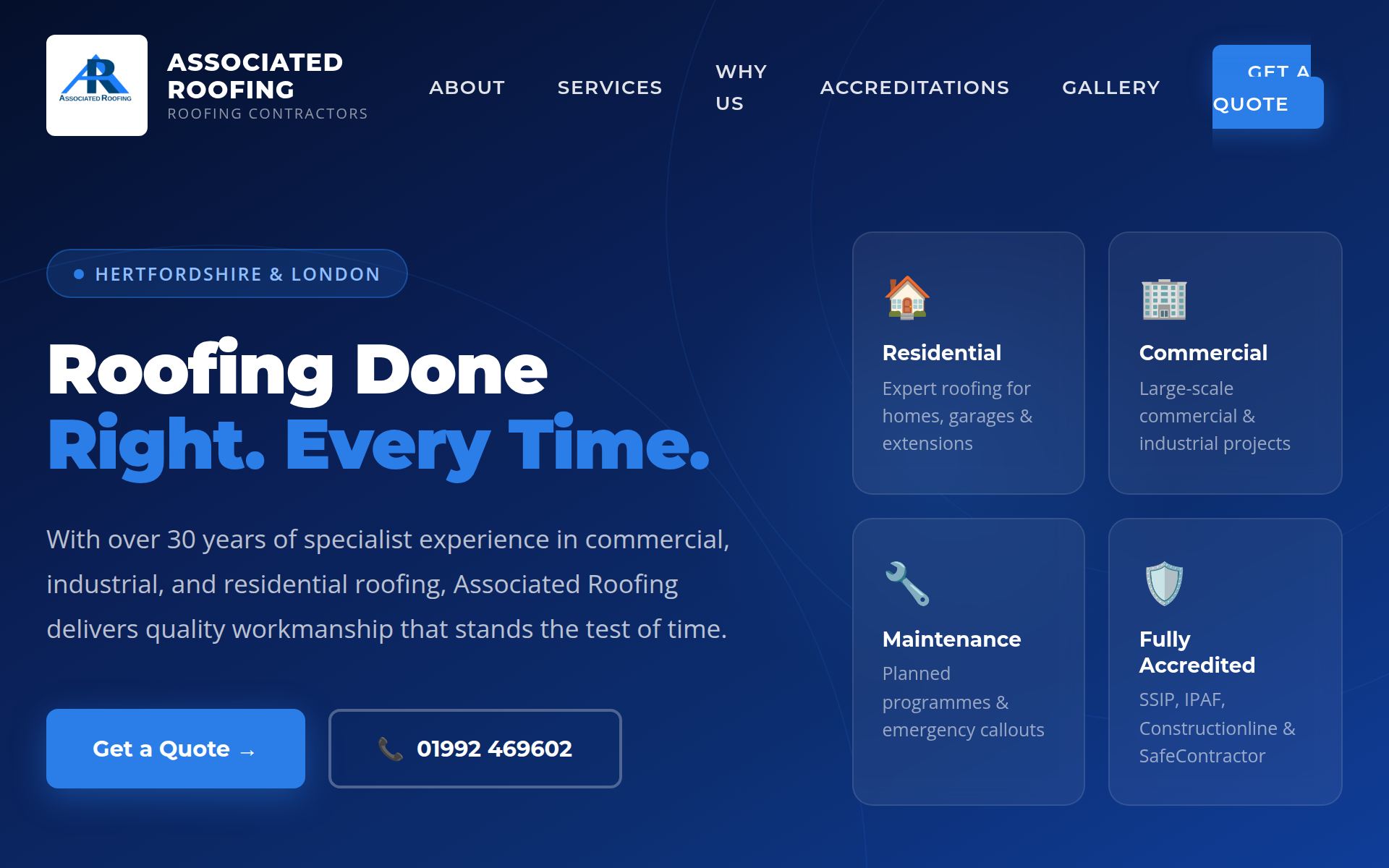 Associated Roofing homepage — roofing contractor marketing site