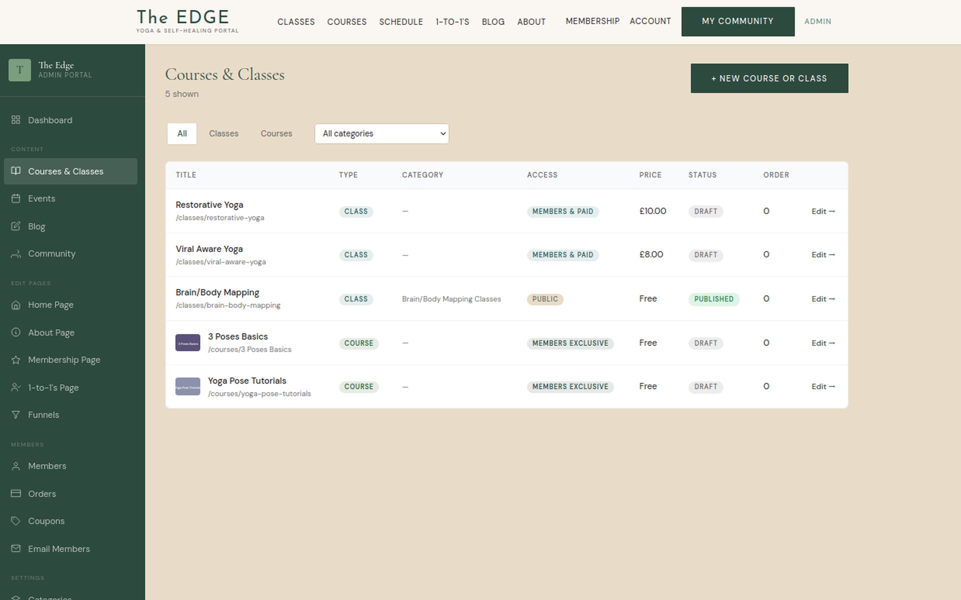 The Edge admin courses and classes management list
