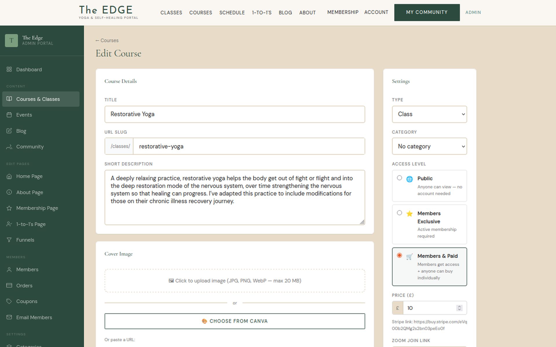 The Edge admin course editor with access level and pricing settings