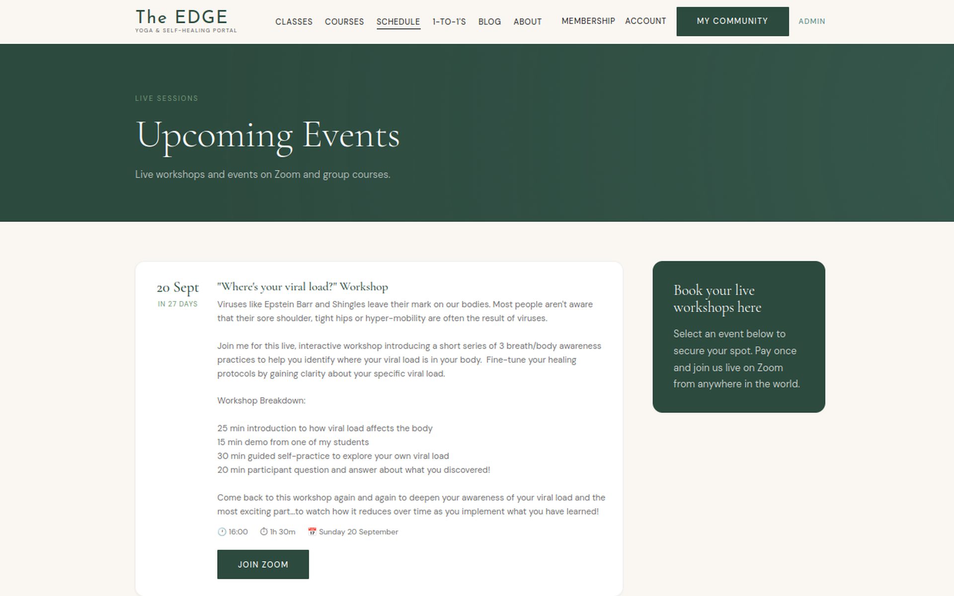 The Edge schedule page showing upcoming live workshop bookings
